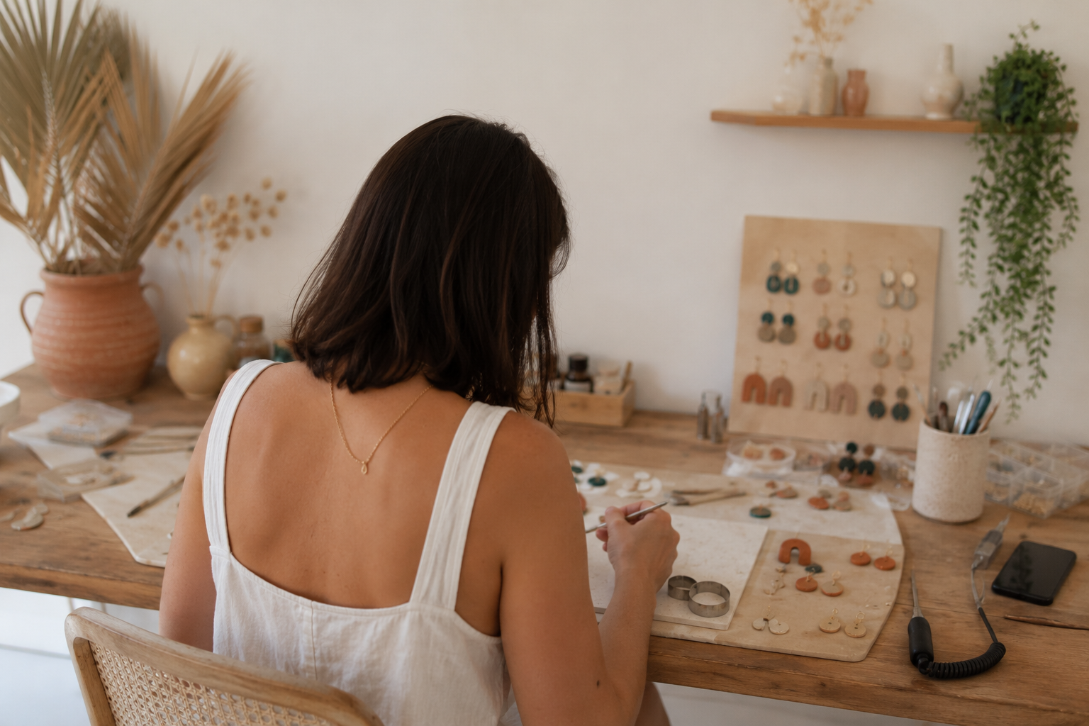 Portrait de l'artisane dans son atelier, en train de modeler de la pâte polymère